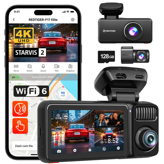 【Fathersdaygift】Redtiger F17 Elite 4K 3-Channel Dash Cam with STARVIS 2 IMX678 & IMX675, 128GB Card, Full Night Color, 4K+2.5K+1080P Front Rear Inside, Touch Screen, Voice Control, 5Ghz Wifi 6, GPS, HDR, 24 Hours Parking Mode, Car Rvibes, Car VLOG,
