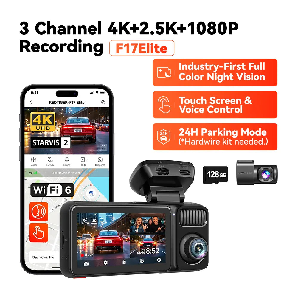 【Fathersdaygift】Redtiger F17 Elite 4K 3-Channel Dash Cam with STARVIS 2 IMX678 & IMX675, 128GB Card, Full Night Color, 4K+2.5K+1080P Front Rear Inside, Touch Screen, Voice Control, 5Ghz Wifi 6, GPS, HDR, 24 Hours Parking Mode, Car Rvibes, Car VLOG,